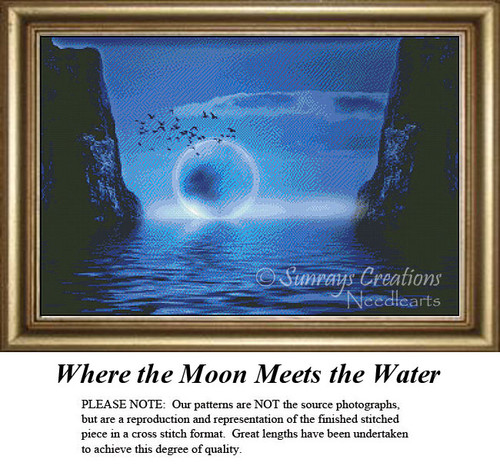 A tranquil waterscape with a large moon resting on calm waters, flanked by cliffs and birds flying overhead, presented as an xstitch chart.