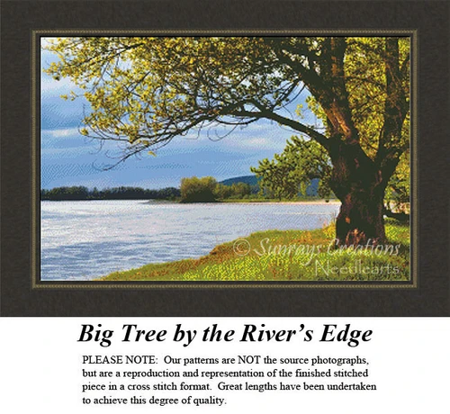 A large tree stands by a serene riverbank, framed as a printable pattern, inviting relaxation and enjoyment of nature's tranquility.