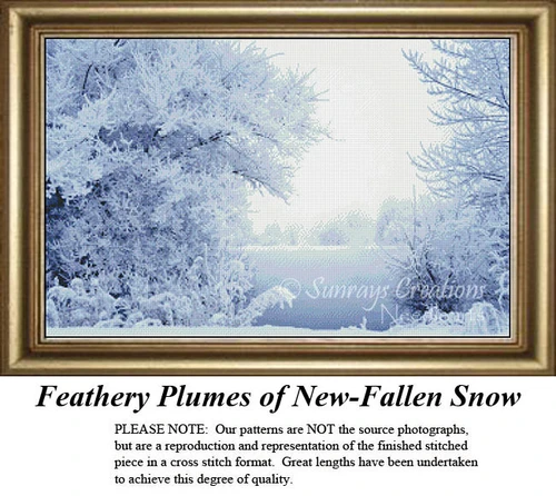 A serene winter landscape shows trees covered in soft white snow, composed as a counted cross stitch pattern.