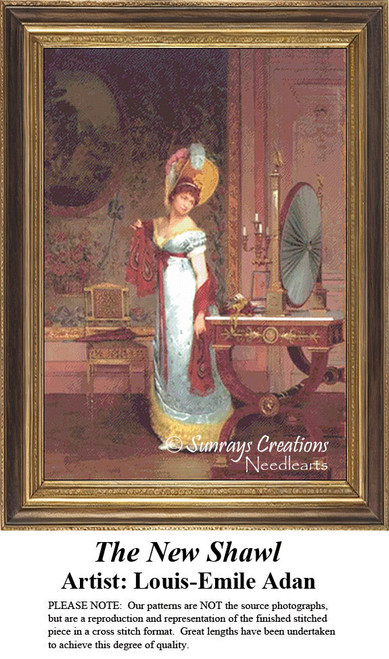 A woman in a stylish gown admires herself in a mirror while trying on a crimson shawl, designed as a large cross stitch pattern by Louis-Emile Adan.