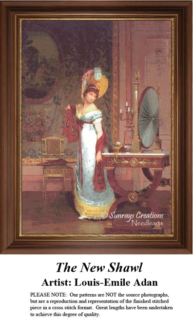 A detailed counted cross-stitch pattern preview of Louis-Émile Adan's painting, "The New Shawl." The 19th-century French Realist design depicts a woman admiring a rich, woven shawl in a sunlit interior, capturing delicate elegance.