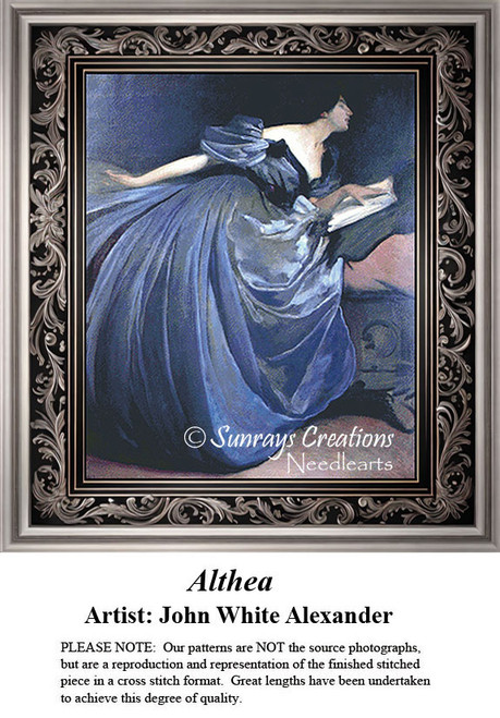 A woman with raven-colored hair in a flowing blue satin gown reads intently, arranged as a counted cross stitch design by John White Alexander.