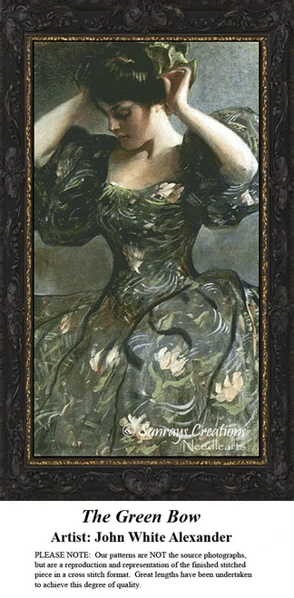 A woman in a green floral dress fastens a matching bow in her hair, illustrated in this BAP cross stitch pattern by John White Alexander.