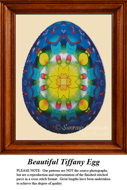 A vibrant egg design with a stained glass effect in shades of blue, green, yellow, and red, presented as a counted cross stitch design.