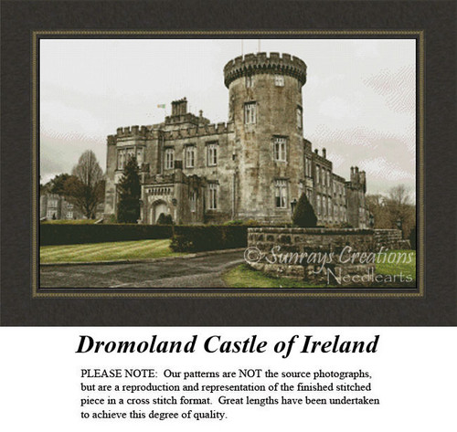 A grand castle with turrets and manicured grounds, ready for your next cross stitch project as a counted cross stitch pattern.