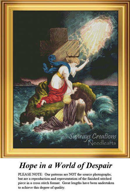 Two women stranded on a rock in turbulent waters look up as light descends from the sky, captured as a counted cross stitch pattern.