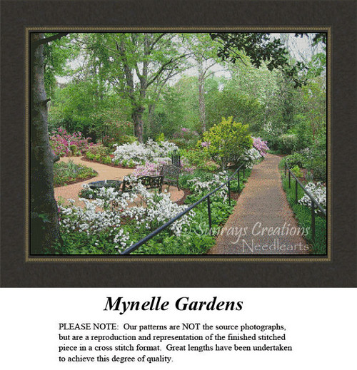 A lush garden scene with winding paths and vibrant flowers, offered as a counted xstitch pattern titled Mynelle Gardens for your next project.
