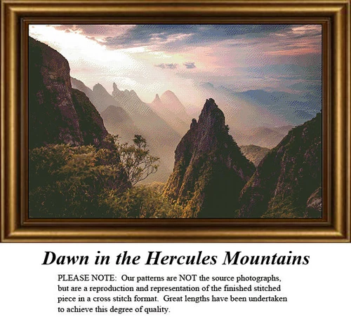 A serene landscape of the Hercules Mountains at dawn, designed as a PDF pattern for cross stitch, showcasing the rising sun over jagged peaks.