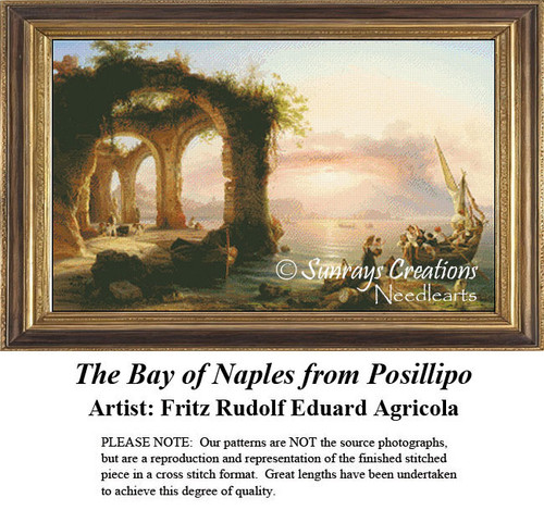 An archway of bricks and greenery overlooks the Bay of Naples, transformed into a counted cross stitch pattern by Fritz Rudolf Eduard Agricola.