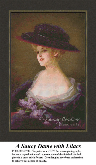 A confident woman in a large counted cross stitch holds lilacs, dressed in an off-the-shoulder gown and a striking hat, exuding sass and charm.