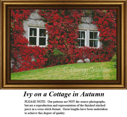 A cottage framed by scarlet ivy leaves with two windows visible, designed as a counted cross stitch kit for autumn-themed stitching.