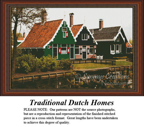 Three traditional Dutch homes with steep roofs stand along a waterway, depicted in this counted cross stitch pattern with solid colors.
