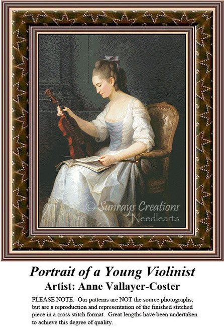 A young woman sits playing a violin in a softly lit interior, immortalized as a counted cross stitch pattern by Anne Vallayer-Coster.