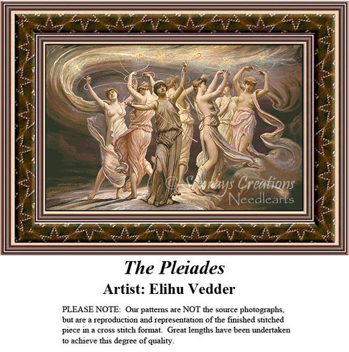 Elihu Vedder's 'The Pleiades' features six figures dancing under swirling clouds, available as a counted cross stitch chart from Sunrays Creations.