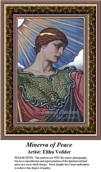 A woman in a green outfit gazes serenely, crowned by cherubs and bathed in sunlight, presented as a cross stitch kit by Elihu Vedder.