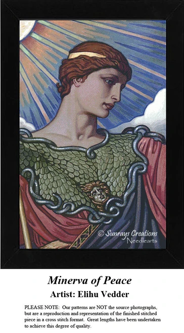 A detailed counted cross-stitch pattern preview of Elihu Vedder's painting, "Minerva of Peace." The American Symbolist design features the Roman goddess Minerva holding an olive branch, capturing majestic wisdom through classical composition and rich jewel tones.