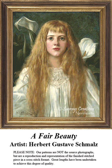 A detailed counted cross-stitch pattern preview of Herbert Gustave Schmalz's Victorian classical painting, "A Fair Beauty." The elegant design showcases an idealized young woman with delicate features, framed by soft flowing drapery under gentle, luminous ambient light.