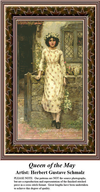 A young woman in a white dress with floral patterns stands by a stone wall, translated into a counted cross stitch design.