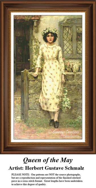 A detailed counted cross-stitch pattern preview of Herbert Gustave Schmalz's Victorian romantic painting, "Queen of the May." The charming design depicts a young woman adorned for May Day celebrations surrounded by fresh springtime greenery and flowers under soft natural daylight.