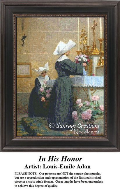Two Catholic nuns place flowers on an altar in a church, come to life as a counted cross stitch design by Louis-Emile Adan.