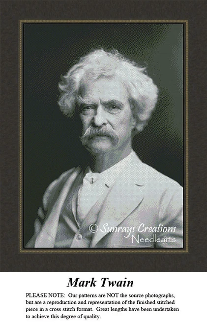 A black and white portrait of Mark Twain, enhanced in a cross stitch format, available as a PDF chart for stitching on aida cloth with DMC floss.
