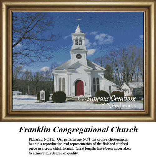 A white church with a tall steeple sits surrounded by trees under a bright blue sky, ready to be created as a cross stitch digital file.