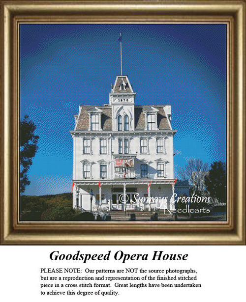 A large three-story white house with a pointed roof and balconies is featured in this downloadable pattern of the Goodspeed Opera House.