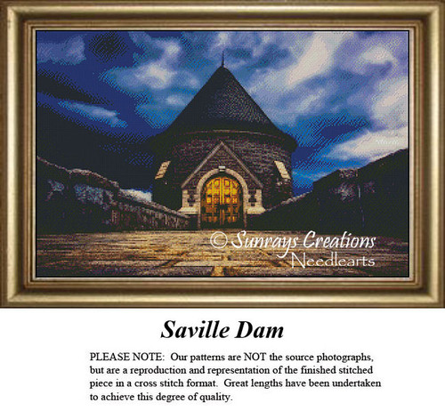 A stone embankment dam stands near a river at night, arranged as a counted cross stitch design to capture its dramatic presence.