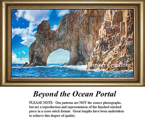 A rocky archway stands against the vivid blue ocean, framed beautifully, inviting adventure in this counted cross stitch design.