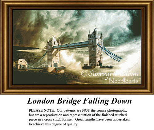 A cross stitch pattern of London Bridge amidst a fierce storm, with dark clouds and heavy rainfall threatening its structure.