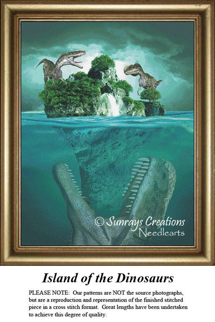 A small island with lush greenery supports two dinosaurs, while a large dinosaur emerges from the water, illustrated as an xstitch chart.
