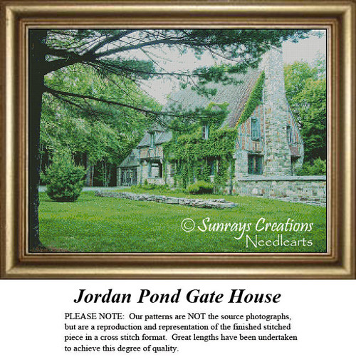 A historic stone building surrounded by lush greenery, available as a digital file for cross stitch enthusiasts to recreate.