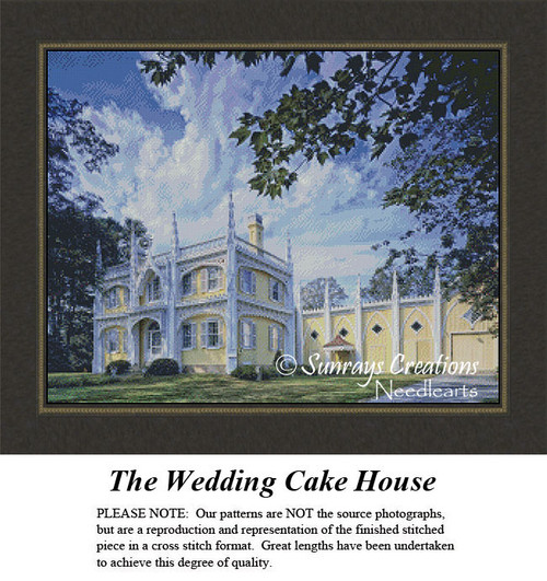An ornate yellow and white building resembling a wedding cake, transformed into a counted cross stitch pattern.