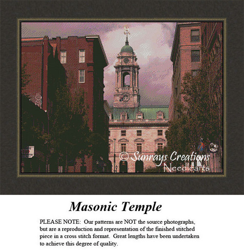 A large counted cross stitch design of the Masonic Temple, featuring its green dome and clock tower nestled between red-brick buildings.