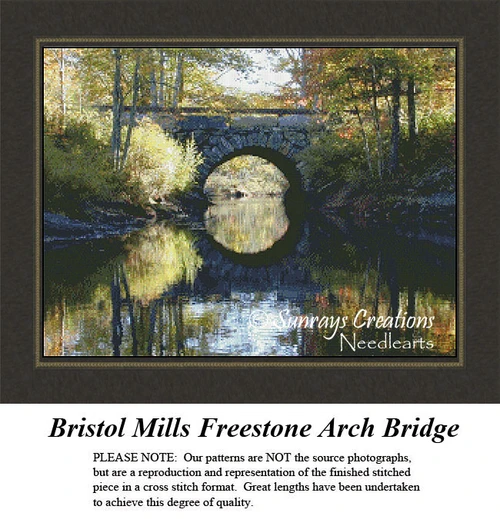 A serene scene of Bristol Mills Freestone Arch Bridge with trees reflecting in the water, designed as a detailed cross stitch project.