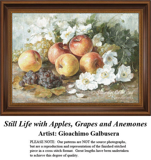 Fine Art Cross Stitch Patterns | Still Life with Apples, Grapes and Anemones