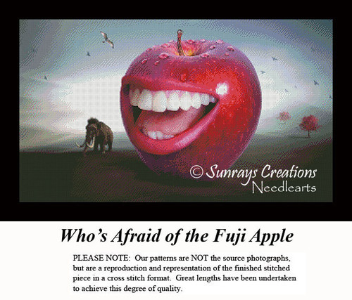 A large, aggressive apple with a wide grin looms over a small wooly mammoth, portrayed as a cross stitch kit by Sunrays Creations.