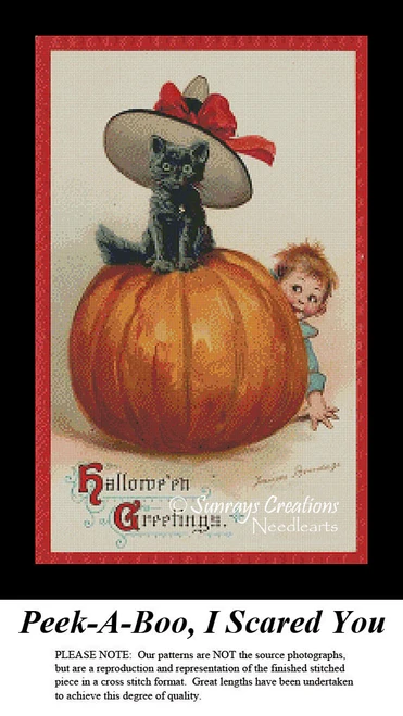 A little boy sneaks up behind a comical cat wearing a large hat atop a pumpkin, preserved as a counted cross stitch pattern.
