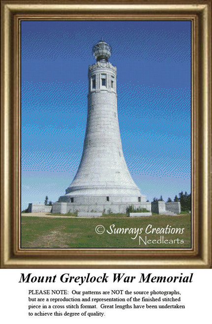 A tall, white stone tower stands against a clear blue sky, part of the Mount Greylock War Memorial, available as a PDF chart from Sunrays Creations.