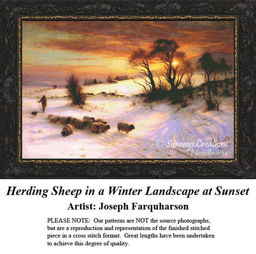 A shepherd herds sheep across a snowy landscape at sunset, designed as a counted cross stitch pattern from Joseph Farquharson's painting.
