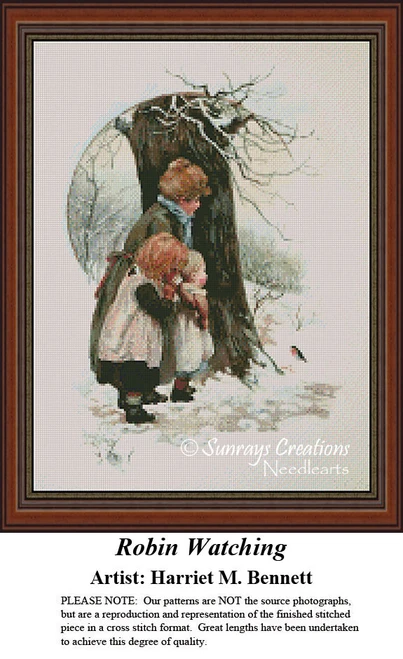 A mother and her children observe a robin redbreast on a winter day, depicted as a counted cross stitch pattern, perfect for your next cross stitch.