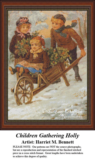 Vintage Cross Stitch Pattern | Children Gathering Holly