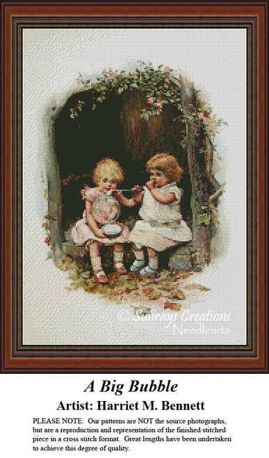 Two children sit in a hollowed tree trunk, joyfully blowing bubbles. This xstitch kit is based on a painting by Harriet M. Bennett.