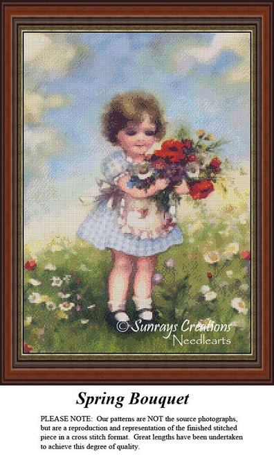 A little girl in a blue gingham dress holds a bouquet of vibrant flowers, ready for your next cross stitch project.