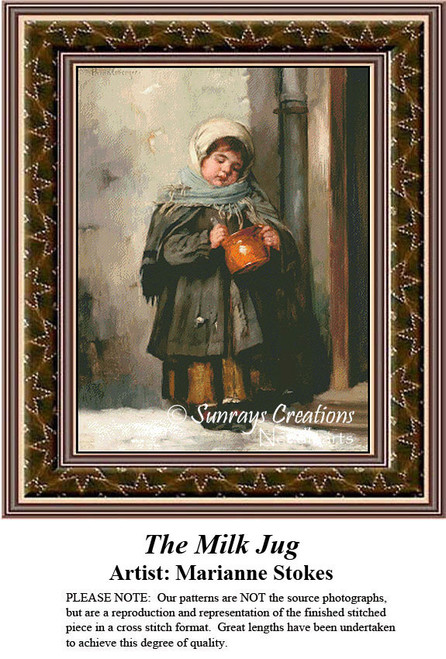 A girl in warm clothing holds a jug while standing against a wall, translated into a counted cross stitch design by Marianne Stokes.