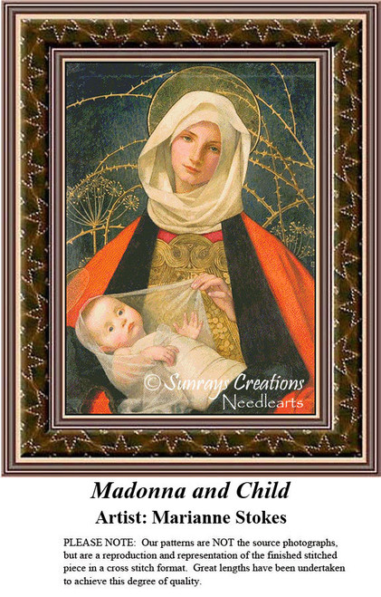 A portrait of Madonna holding the Christ Child, rendered in a BAP cross stitch design by Marianne Stokes, set against a dark blue background.