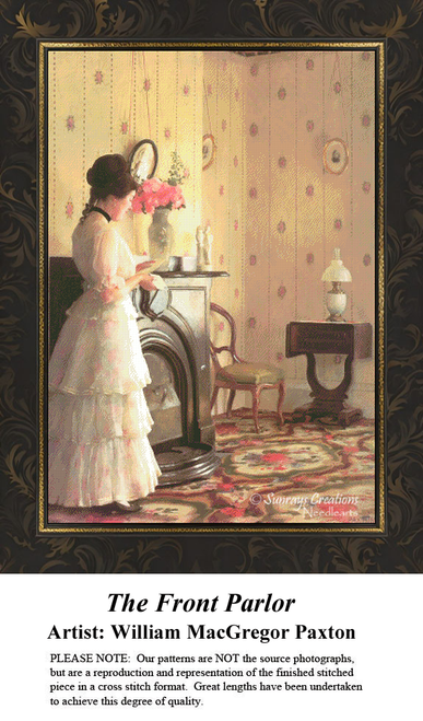 A woman in a white dress stands by a fireplace, holding flowers in a quaint parlor, illustrated as a cross stitch pattern by Sunrays Creations.
