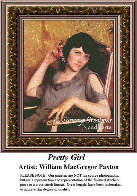 A woman with dark hair and a flower in her hair rests her hand on her chin, transformed into a counted cross stitch pattern.