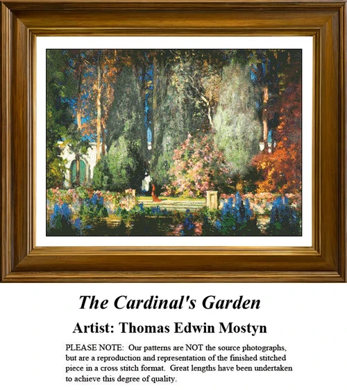 A vibrant garden scene filled with lush greenery and colorful blooms, designed as a xstitch design by Thomas Edwin Mostyn.