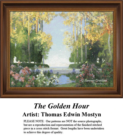 A serene landscape of trees and blooming flowers by a lake, designed as a PDF pattern by Thomas Edwin Mostyn from the impressionist era.